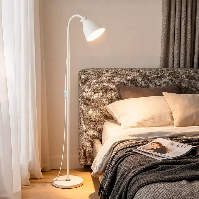 White Floor Lamp for Living Room Corners Bedroom Bedside Kids room dorm Library,9W LED tri Color Dimming, Gooseneck Adjustment, Iron Lampshade, Work Desk Lamp,Tall Standing Reading Light, home decor