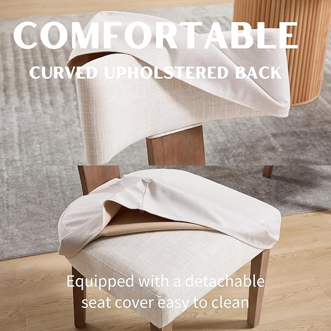 Linen Dining Chairs Set of 4 with Seat Covers, Modern Dining Chairs with Wood Legs, Farmhouse Fabric Upholstered Dining Room Kitchen Side Chairs, Beige