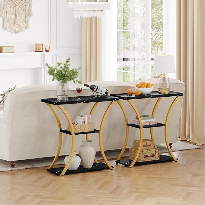 Hoctieon 3 Tier Console Table with Open Wood Shelves, Decorative Entryway Table with Curved Metal Frames, Narrow Sofa Table for Entrance, Living Room, Hallway, Gold and Black Marbled