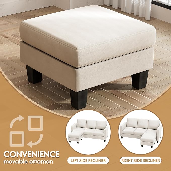 VICTONE Convertible Sectional Sofa Couch, 3 Seat L-Shaped Sofa with Linen Fabric Ottoman Small Couch for Small Apartments, Living Room and Office (Linen Fabric, White)