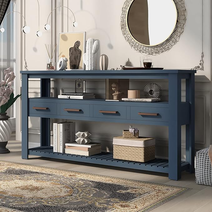 Modern 62'' Console Table Sofa Entryway Table with 4 Drawers and 2 Shelves, Acacia Wood Kitchen Buffet Cabinet Sideboard, Accent Table Furniture for Entryway Kitchen Living Room (Navy Blue-4DE)