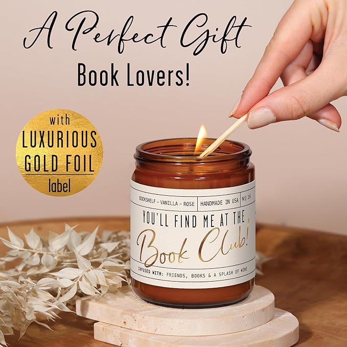Book Lovers Gifts for Women - 'You'll Find Me at The Book Club' Candle, Old Library, Vanilla, Rose I Bookish Gifts for Women Readers I Reading Accessories for Reading Lovers I 50Hr Burn, USA Made