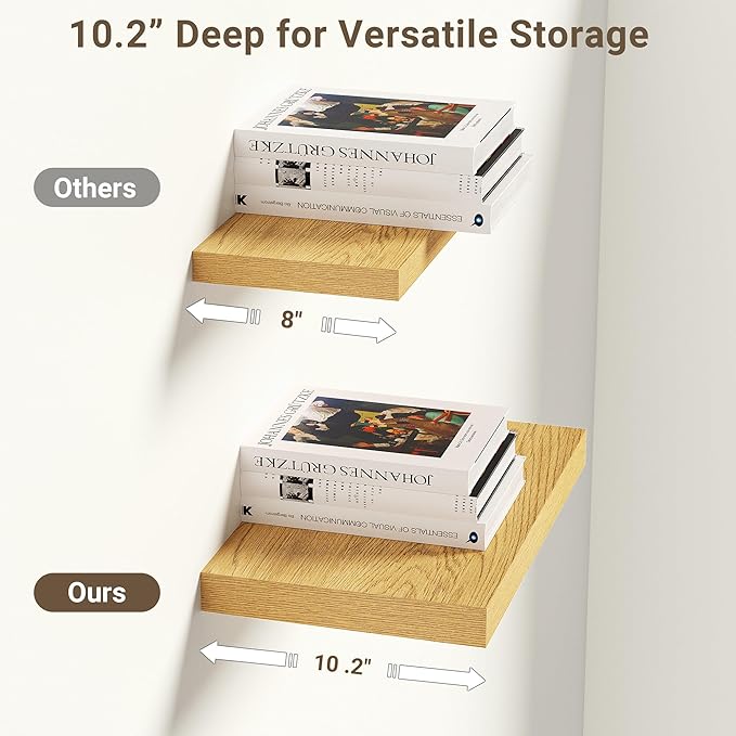 Vivelove 10" Deep Floating Shelves Over Toilet, 10.2" Wall Shelves for Bathroom Bedroom Kitchen Living Room Laundry Room, Modern Rustic Shelves for Home Decor, 10.2"x10.2"x1.5", Set of 2, Oak