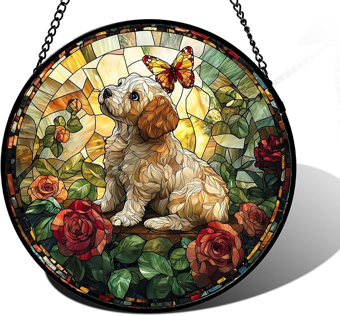 Stained Glass Window Hanging, Cute Dog and Flowers Suncatcher for Doors Home Butterfly Sun Catchers Decoration and Christmas, Mother's Day Birthday Gifts for Women, Men, and Mom 6.3 in