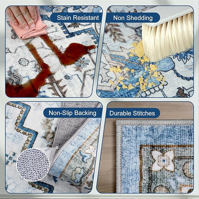 Area Rugs for Living Room 9x12 - Large Machine Washable Vintage Oriental Soft Rug, Low Pile Thin Carpet with Non Slip Backing for Bedroom, Dorm, Under Dining Room Table, Indoor House, Office Decor