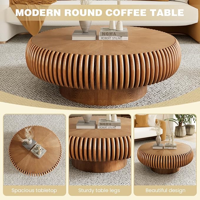 Fluted Round Coffee Table for Living Room 39.37" Modern Drum Coffee Table Mid Century Handcrafted Circle Wood Center Tables with Pedestal for Small Space Apartment (Brown)