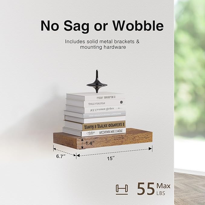 Floating Shelves for Wall Decor Set of 3, 15 Inch Wall Mounted Floating Shelf with Invisible Brackets, Rustic Wood Storage Shelf for Bathroom, Bedroom, Kitchen, Office, or Living Room, Rustic Brown