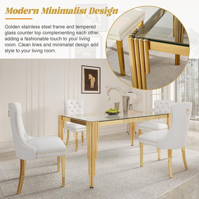 5 Piece Glass Dining Table Set, Modern 63" Rectangle Glass Kitchen Table with 4 White Velvet Upholstered Chairs, Gold Dining Table for 4 with Chairs Set for Kitchen, Living Room