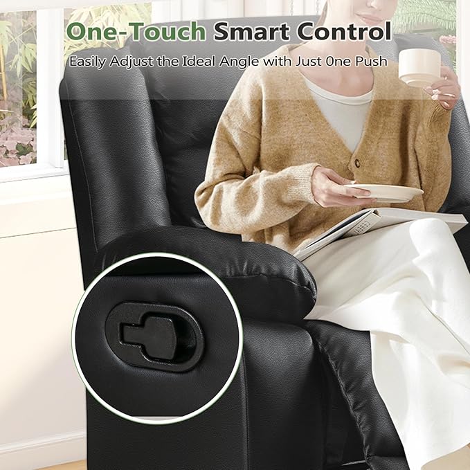 ANJ Black Recliner Chair with Overstuffed Arm and Back, Breathable Faux Leather Manual Reclining Chairs, Living Room Single Sofa Recliners