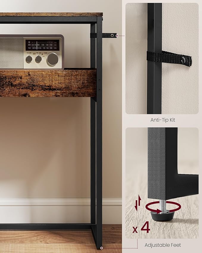 VASAGLE 2-Tier Entryway Table, Narrow Console Table, Semi-Open Compartments, 9.4 x 39.4 x 31.5 Inches, for Hallway, Living Room, Rustic Brown and Ink Black ULNT091K01