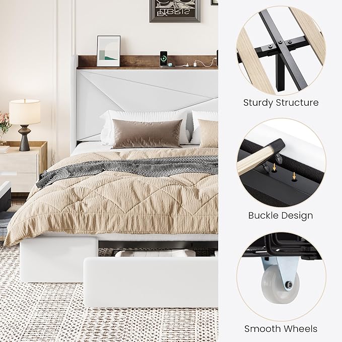 SHA CERLIN King Size Bed Frame with 3 Drawers, USB & Type-C Charging Ports, Velvet Upholstered Platform Bed with Modern Geometric Wingback Storage Headboard, No Box Spring Needed, Easy Assembly, White