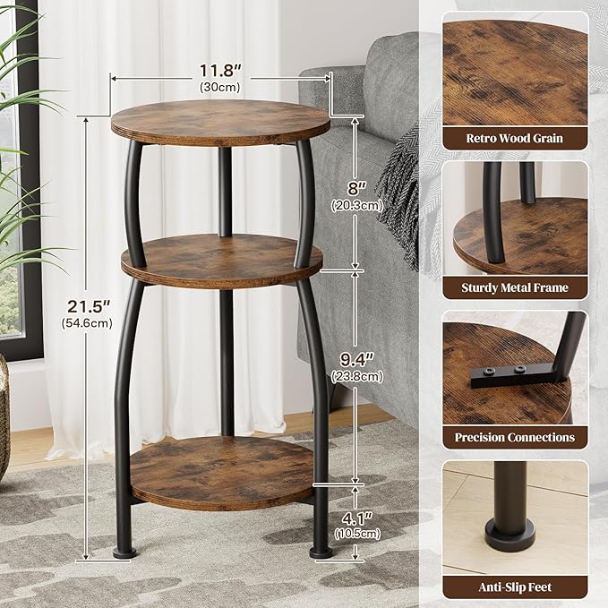 Small Round Side Table, 3-Tier End Table with Storage Shelf, Slim Sofa Table Coffee Table, Sturdy & Easy Assemble Nightstand for Small Spaces, Living Room Bedroom Corner, Rustic Brown