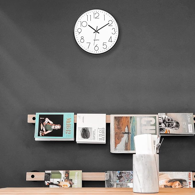 Foxtop Black Wall Clock 12 Inch Silent Non Ticking Quartz Battery Operated Round Clock Easy to Read for Office Classroom School Home Living Room Bedroom Kitchen Decor