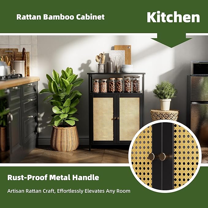 Bamboo Floor Rattan Cabinet, Bathroom Storage Organizer Rack with 2 Doors and 1 Shelf, Space Saving Wood Kitchen Cupboard, Hallway Side Table, Living Room Freestanding Stand (Black)