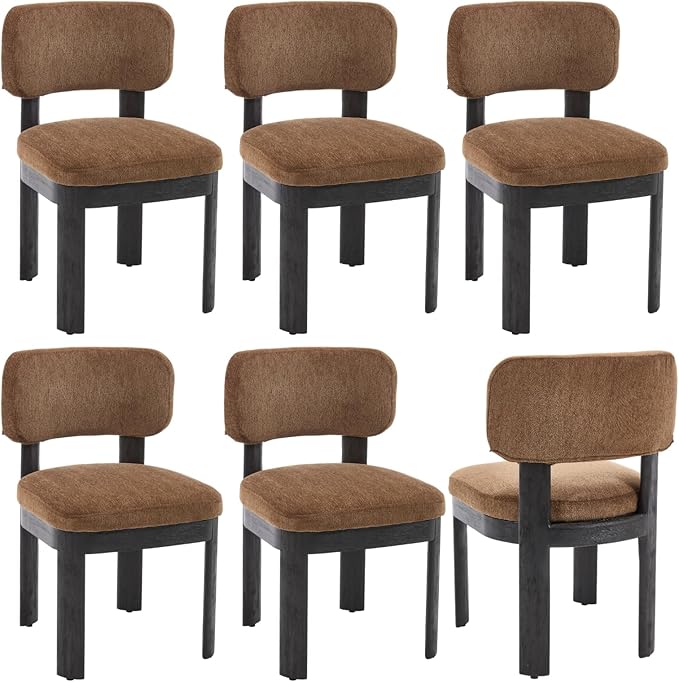 Modern Brown Upholstered Dining Chairs Set of 6 Wooden Side Chairs with Curved Backrest and Black Legs for Kitchen Island, Dining Room