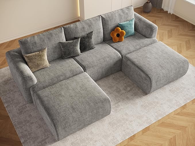 EASE MOOSE Cloud Couch Sectional Sofa, Large U-Shaped Oversized Modular Couch for Living Room, Minimalist Boneless Couches with Ottoman, 5-Seat Deep Sofas for Bedroom, Chenille (Light Grey)
