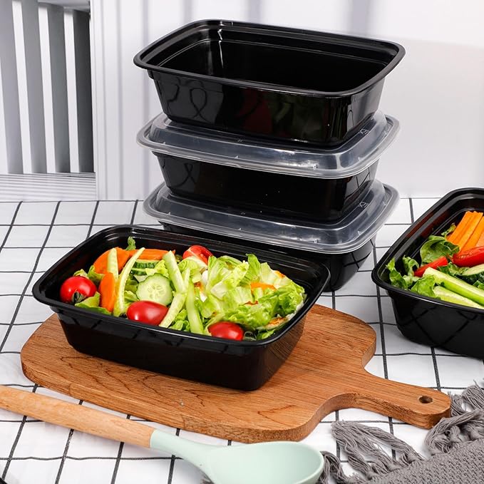 LIYH 100 Pack (200 Pcs) 32 Oz Meal Prep Food Storage Containers Black 1 Compartment Food Containers with Lids Lunch Boxes Plastic Bento Box Reusable Microwaveable Dishwasher Safe