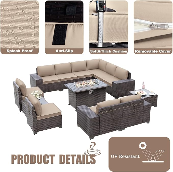 Kurapika 13 Pieces Patio Furniture Set, Rattan Wicker Outdoor Conversation Sets w/43in Propane Fire Pit Table(Sand)