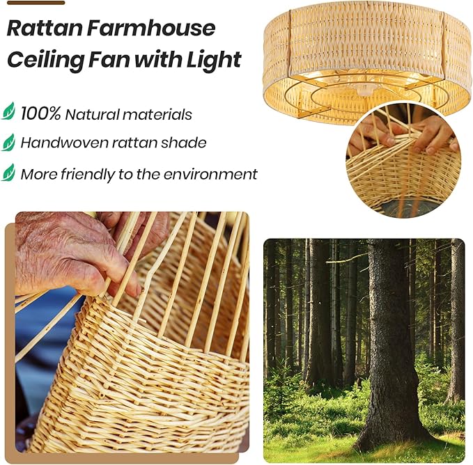 Boho Ceiling Fan with Light, Rattan Fandelier Flush Mount with Remote, Reversible Motor, Enclosed Low Profile Wicker Cage,Farmhouse Caged Ceiling Fans for Bedroom, Living Room, Kitchen