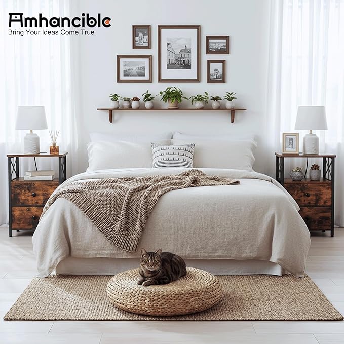 AMHANCIBLE Night Stand Set 2, Nightstand with Charging Station, End Tables Living Room with USB Ports and Outlets, Bedside Tables with Fabric Drawers for Bedroom, Rustic Brown HET05XBR