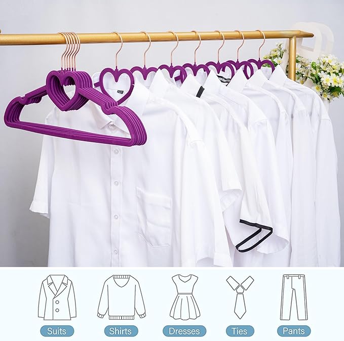 Velvet Hangers 20 Pack, 16" Non Slip Heart Hanger, 360° Swivel Rose Gold Hooks, Durable & Cute Hangers for Adult (Dark Purple)