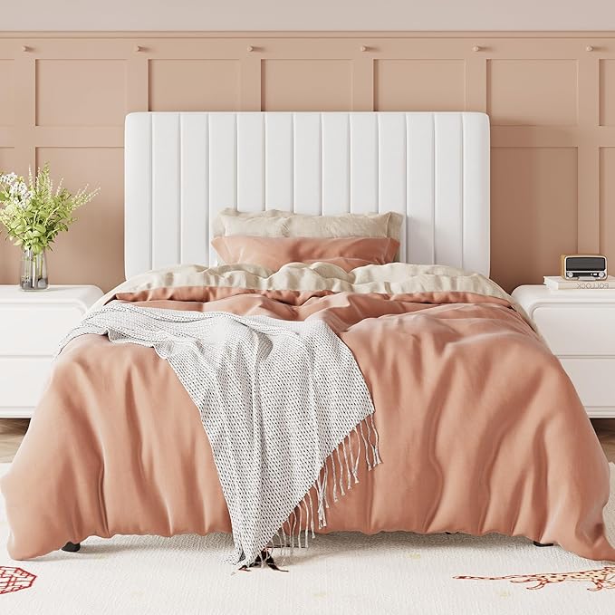 Allewie Twin Bed Frame, Velvet Upholstered Platform Bed with Adjustable Vertical Channel Tufted Headboard, Mattress Foundation with Strong Wooden Slats, Box Spring Optional, Easy Assembly, Off-White