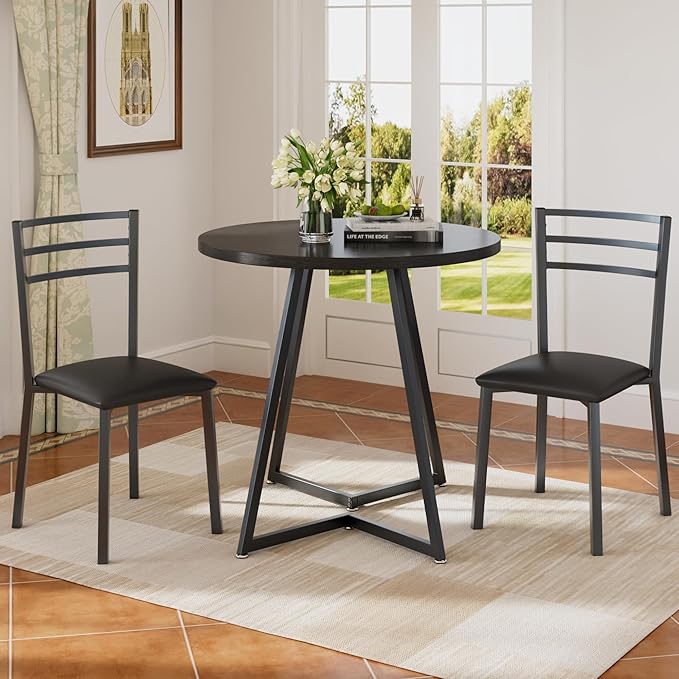 VECELO Round Dining Table Set for 2, Heavy-Duty Metal Frame & Upholstered Chair for Breakfast Nook, Kitchen, and Small Space, Matte Black