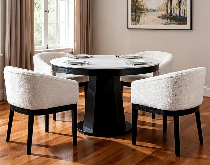 White Mid Century Modern Dining Chairs Set of 4, Farmhouse Boucle Upholstered Accent Curved Backrest Kitchen Chairs Armchairs with Black Wood Legs, White