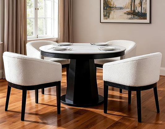 White Mid Century Modern Dining Chairs Set of 4, Farmhouse Boucle Upholstered Accent Curved Backrest Kitchen Chairs Armchairs with Black Wood Legs, White