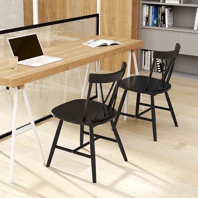 Giantex Windsor Dining Chairs Set of 4, Farmhouse Wooden Kitchen Chairs w/Cross Back, Wide Seat, Rubber Wood Frame, Armless Side Chairs for Kitchen, Dining Room, Living Room, Restaurant, Black