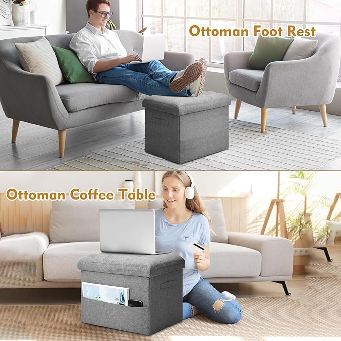 Storage Ottoman Foot Rest, Folding Linen Foot Stool with Thicker Foam Padded Seat. Small Ottoman with Storage Bench for Bedroom Living Room, Holds Up to 300 lbs, 17x13x13IN (Light Gray)