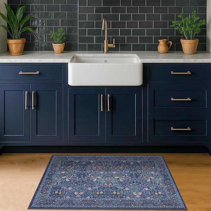 Navy Blue Washable 2x3 Entry Rug - Small Front Door Mats Indoor, Non-Slip Boho Bathroom Rugs, Vintage Dark Decor for Kitchen, Entryway