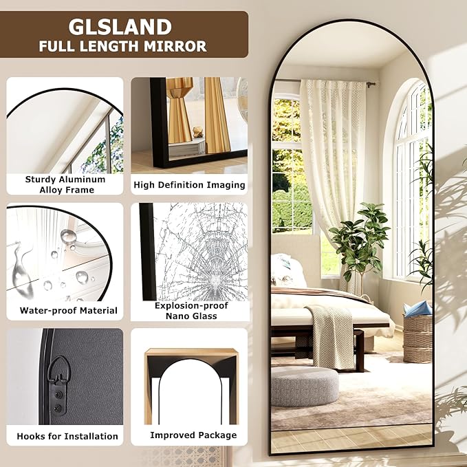 GLSLAND-21x64 inch Arched Full Length Mirror-Aluminum Alloy Frame High Definition-Full Body Mirror for Bedroom or Living Room