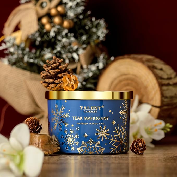 Fall Scented Candles for Home, 10.9oz 3 Wicks Aromatherapy Candle,25hrs burn time, Autumn Scented Candle Gift for Men and Women, Teak Mahogany, TCGG8100A-C