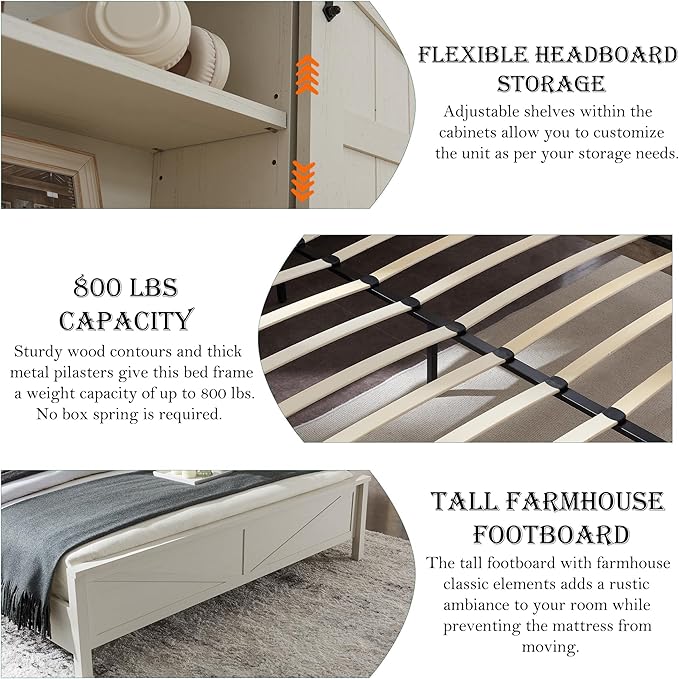 RedLemon Farmhouse Full Size Bed Frame with Bookcase Headboard, Sliding Barn Door, Storage Cabinet, Charging Station, Wood Slats Support, No Box Spring Needed, Antique White