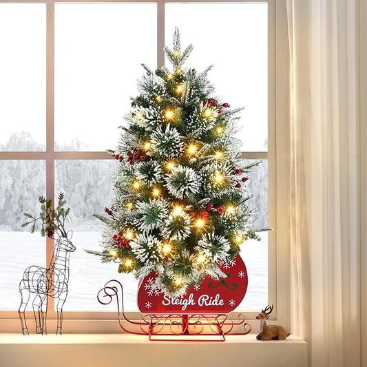 Small 3FT Pre-Lit Snow Flocked Christmas Tree with Twinkling Lights for Home Office Christmas Decor- Battery Operated & Timer (Sleigh Base)