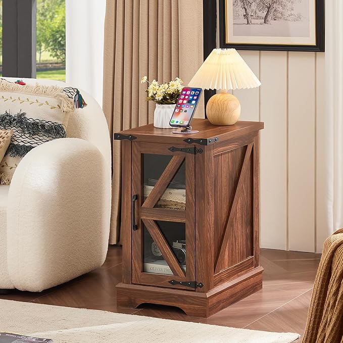 Farmhouse Coffee Table Sets 2 Pieces, Narrow Night Stand with Glass Barn Door Storage, Large Coffee Tables with Hidden Storage Organizer, Wood Furniture Sets for Living Room, Office, Brown