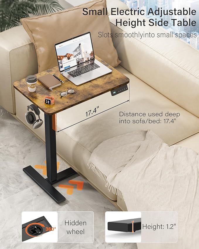 FiCiHi Small Electric Standing Desk - Adjustable Height Bedside Laptop Table with Wheels, Mobile, Portable Rolling Computer Cart,Movable, Home Office, Sofa, Couch Use(24x16,Rustic Brown)