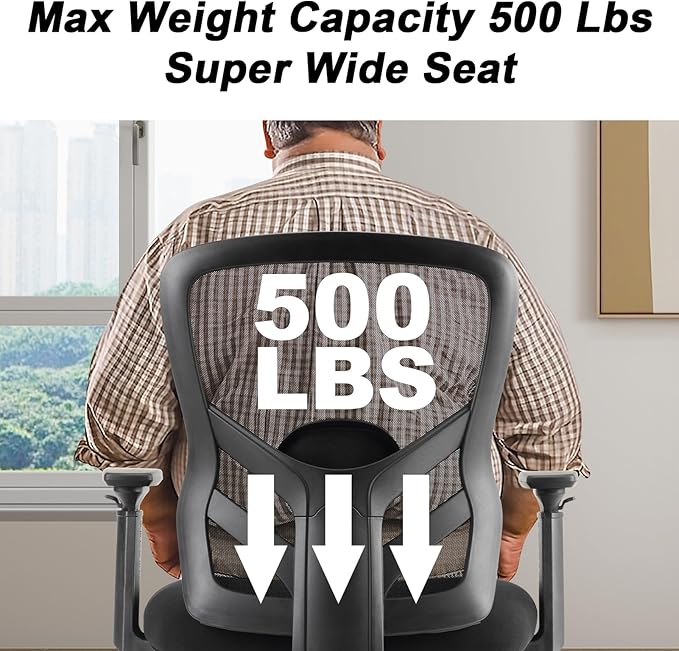 YFO Big and Tall Office Chair 500LBS - Computer Desk Chair with Adjustable Lumbar Support, Heavy Duty Ergonomic Mesh with 360 Rotation 4D Arm and Extra Wide Comfty Seat, Quiet Wheels for Adults