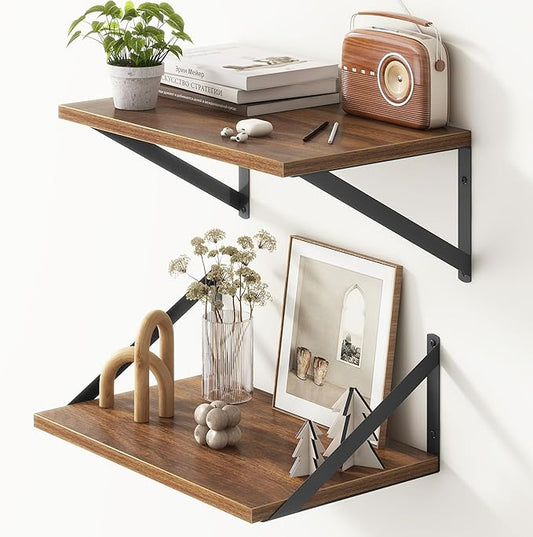 Fun Memories 10 Inch Deep Floating Shelves, Walnut Floating Shelf 16 Inch Long, 16" W x 10" D Wall Shelves Set of 2, Deep Shelves for Books, Wide Floating Shelves for Bahtoom, Living Room, Kitchen