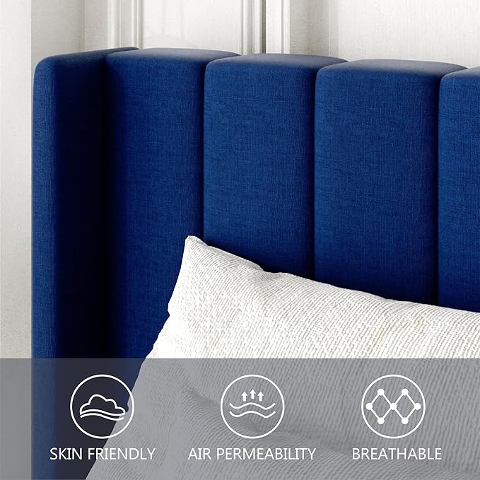 Twin Size Bed Frame with Upholstered Wingback Headboard, Easy Assemnly Platform Bed, Wooden Slat Support No Box Spring Needed, Navy Blue