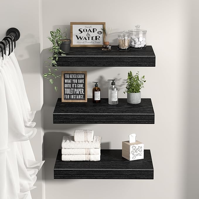 QEEIG 10" Deep Floating Shelves for Wall - 10 x 16 inch Book Shelf Bathroom Bedroom Kitchen Living Room Hanging Bookshelf Farmhouse Set of 3, Black (025-40B3)