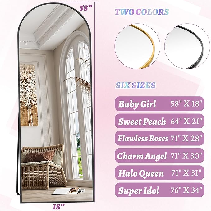 Full Length Mirror, 58"x18" Arched Floor Mirror Freestanding, Floor Standing Full Body Mirror with Stand for Bedroom, Hanging Mounted for Living Room Cloakroom, Black