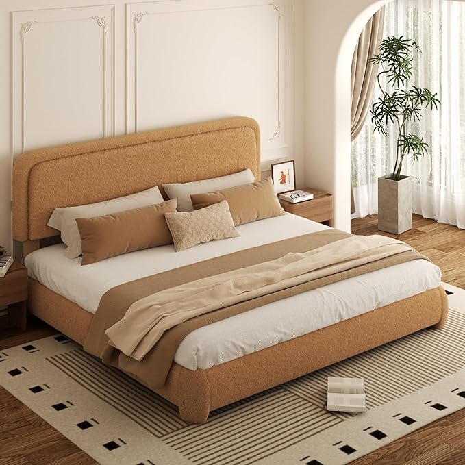 King Bed Frame, Teddy Velvet Boucle Bed Frame with 43.3"/45.3" Adjustable Upholstered Headboard, Rounded Corners, Mattress Foundation, No Box Spring Required, Brown
