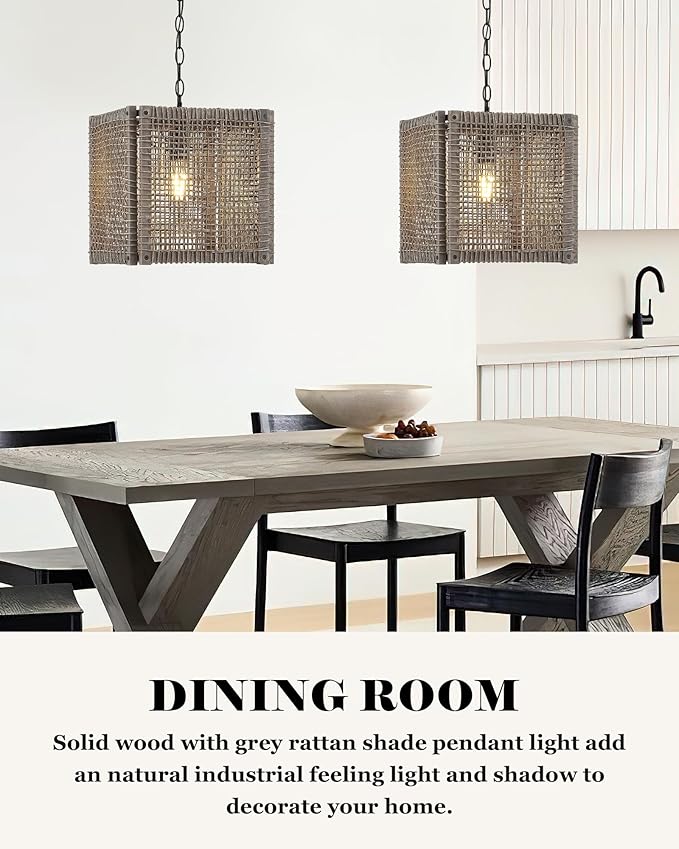 ELYONA Farmhouse Rattan Chandelier 12" Handwoven Pendant Light Fixtures with Gray Square Solid Wood Frame, Adjustable Hanging Lamp for Kitchen Island, Dining Room, Living Room, Bedroom, Bar, Hallway