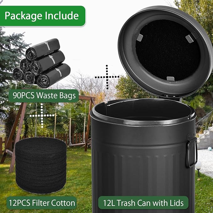 Dog Poop Trash Can with Lid for Outdoors，3.2 Gallon Trash Can with Activated Carbon Filter & Plastic Bags, Pet Waste Container，UP12L-BK-Y+90BK-New