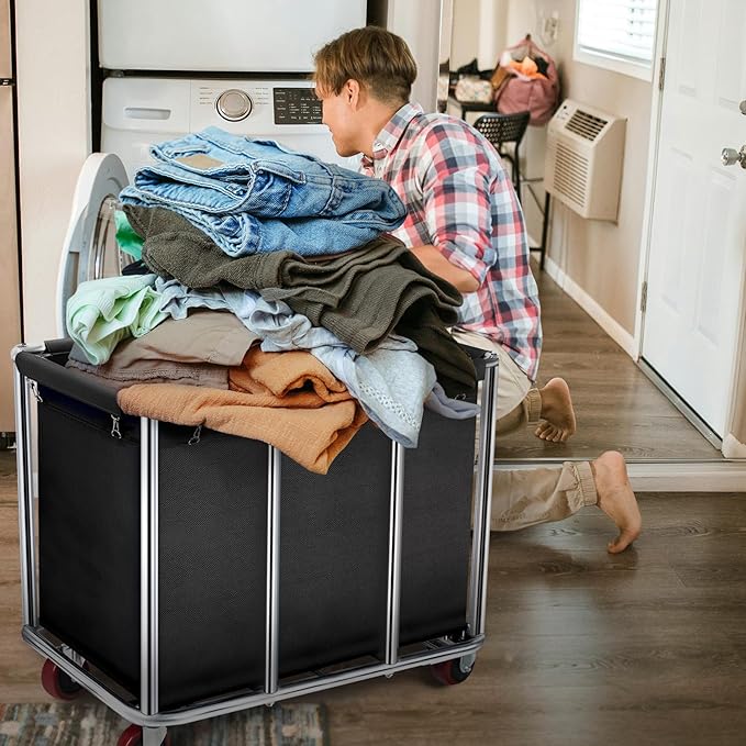 Commercial Laundry Cart with Wheels, 11.35 Bushel Large Laundry Tumbler with Removable Waterproof Canvas Lined Basket, Heavy Duty Stainless Steel Laundry Basket for Hotels and Hospitals