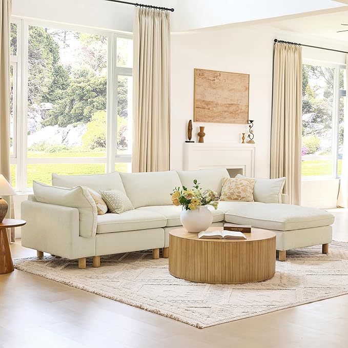 CHITA 127" Super Large Sectional Couches for Living Room, Modular Cloud Couch Sectional Sofa, Premium Fabric Couches, Down Filled, High Density Foam, Chenille in Cream, 5 Seat U Shaped