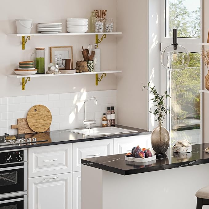 DINZI LVJ Long Wall Shelves, 31.5" Large Floating Shelves Set of 4, Farmhouse Display Shelf Wall Mounted with Heavy Duty Bracket, Easy Assembly for Kitchen, Bathroom, Bedroom, Balcony, White and Gold