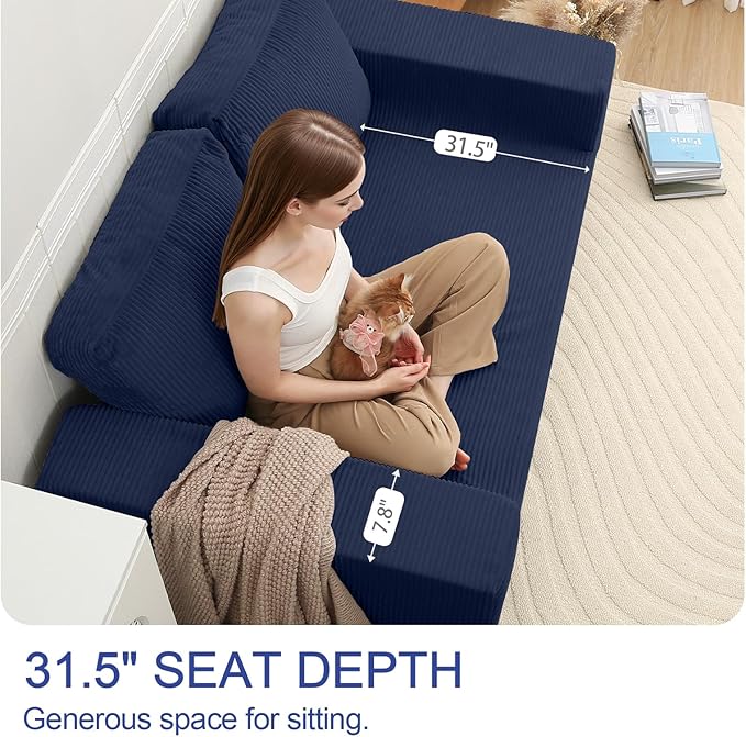 COMAX Convertible Sofa Bed Queen, Folding Fold Out Couch Bed, Floor Futon Couch Corduroy with Back Pillows, Boneless Sofa Comfy Lounge Sleeper Mattress Loveseat for Living Room Bedroom, Navy Blue